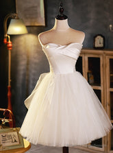 Beige Tulle Satin Strapless Pleats Homecoming Dress